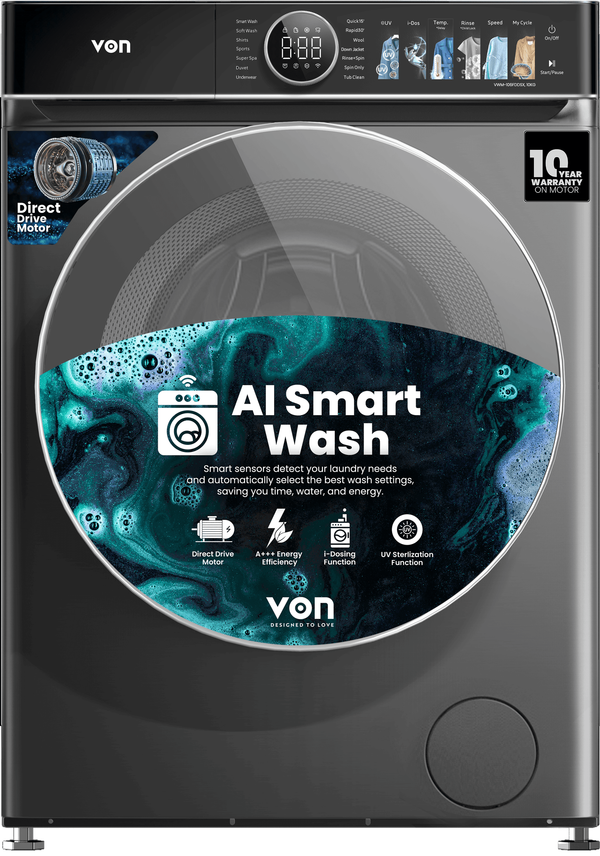 Von 10Kg Front Load Washing Machine 1400RPM, Direct Drive Motor, Dark Silver (VWM-106FDDSX)