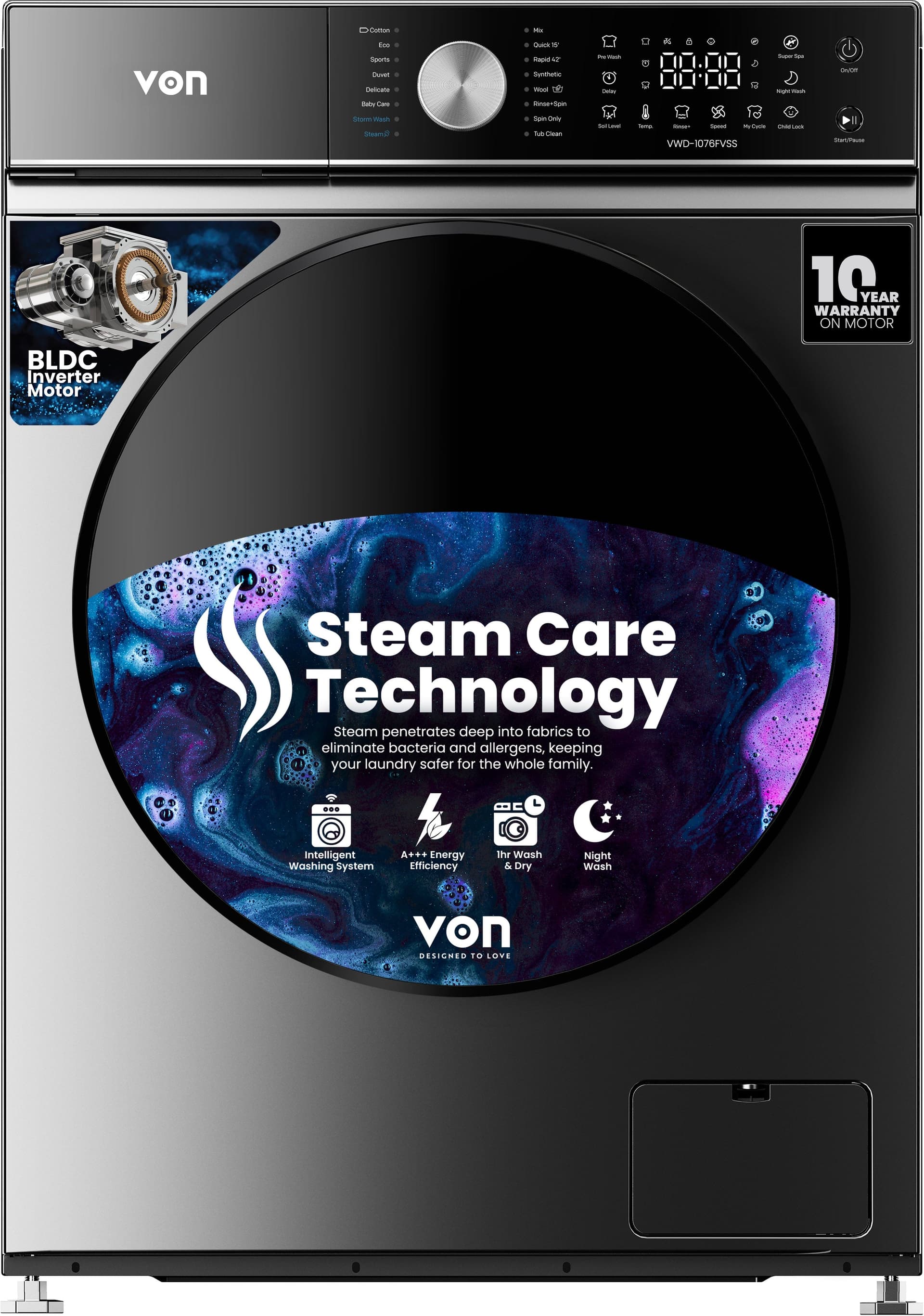 Von 10/7Kg Front Load Washer & Dryer 1200RPM, BLDC Inverter, Dark Silver (VWD-1076FVSS)